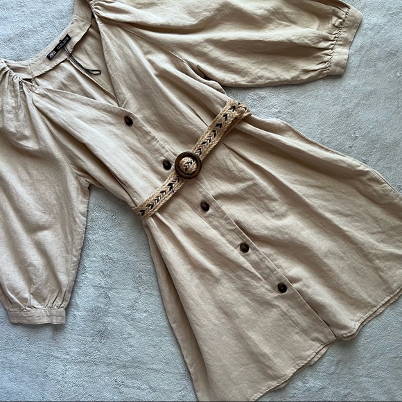 Zara Dresses & Skirts - Zara Rustic Button-Front Natural Rattan Belted Mini Dress Linen Cotton Beige
